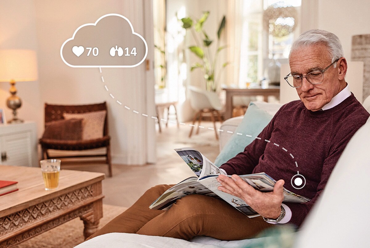 A patient being monitored remotely at home